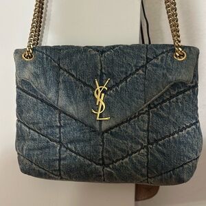 Yves Saint Laurent Quilted Denim Shoulder Bag with Gold Accents